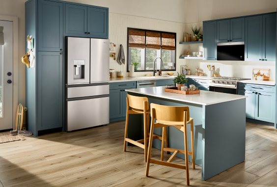 Refrigerator in Kitchen with Blue Trim